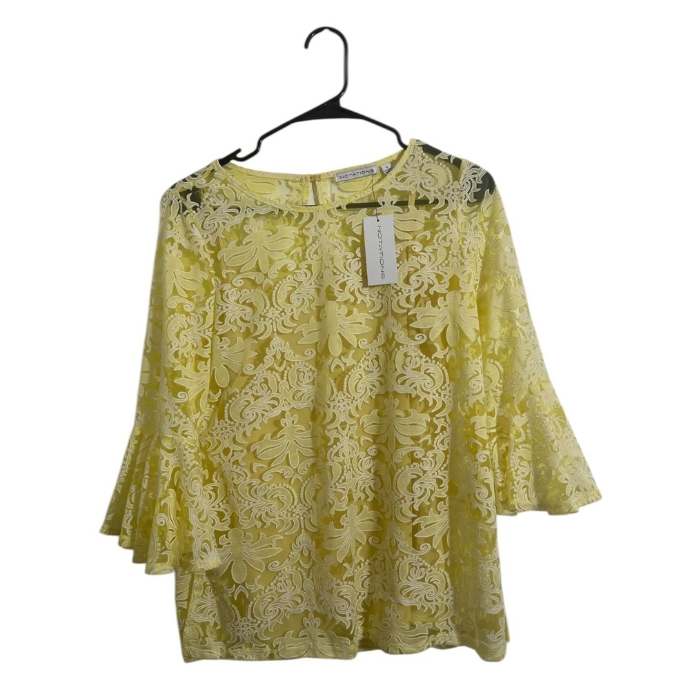 Notations Bright Boho Romantic Yellow Lace Damask Bell Sleeve Top Size Small NWT